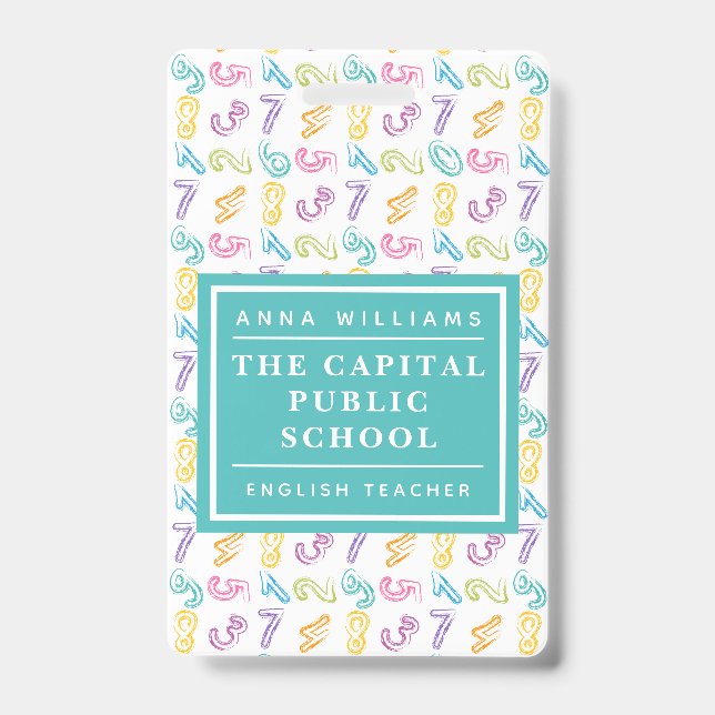 Colourful Number Elementary School Math Teacher Badge (Front)