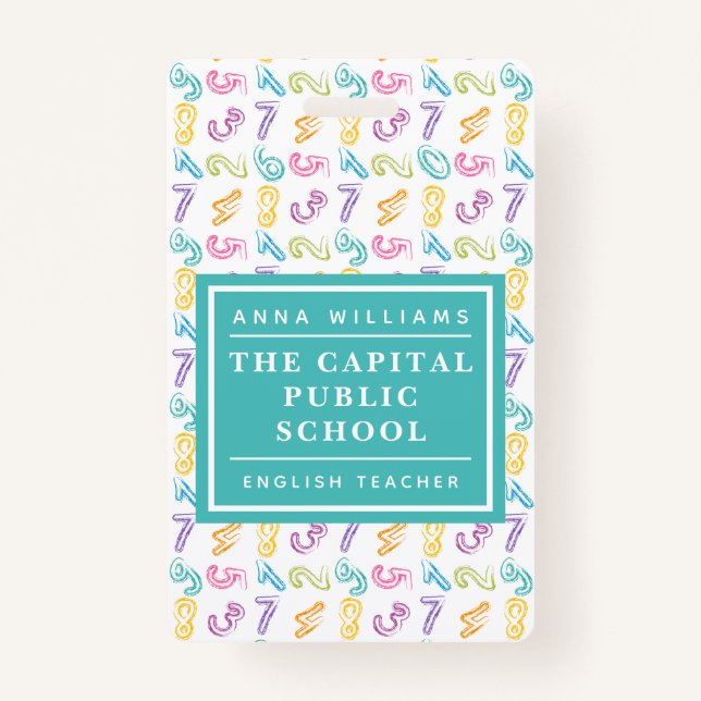 Colourful Number Elementary School Math Teacher Badge (Front)