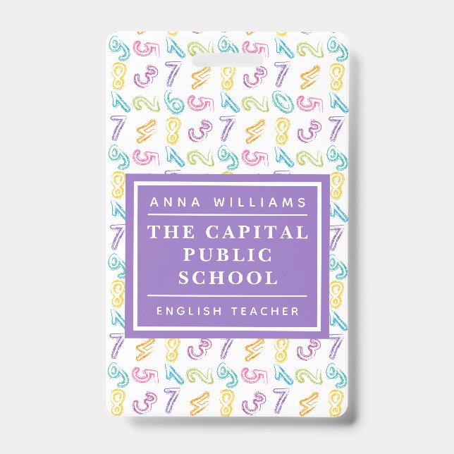 Colourful Number Elementary School Math Teacher Badge (Front)