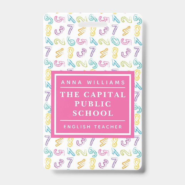 Colourful Number Elementary School Math Teacher Badge (Front)