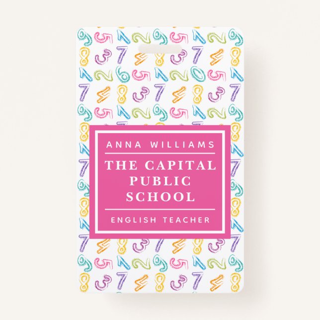 Colourful Number Elementary School Math Teacher Badge (Front)