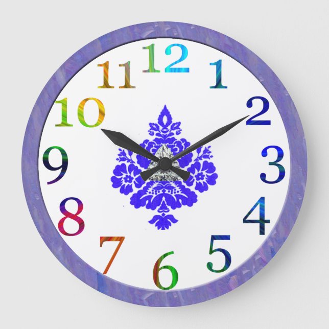 colourful numbers and blue damask large clock (Front)