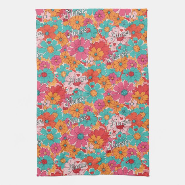Colourful Nurse Floral Pattern (1) Kitchen Towel (Vertical)