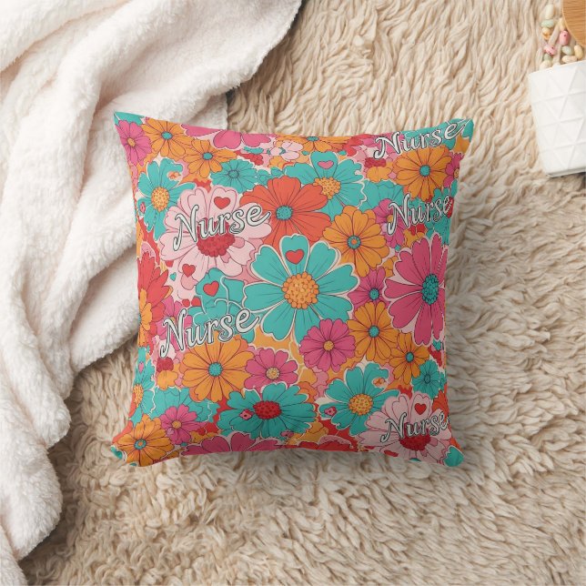 Colourful Nurse Floral Pattern (1) Throw Pillow (Blanket)