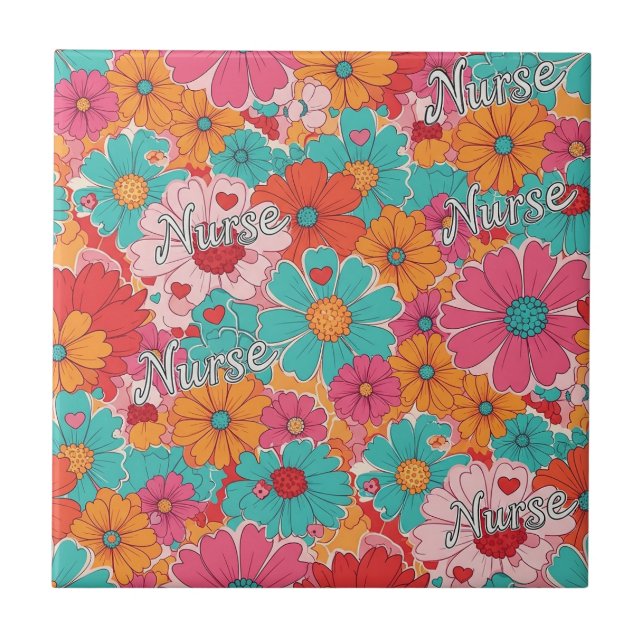 Colourful Nurse Floral Pattern (1) Tile (Front)