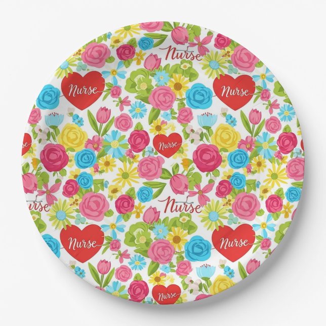 Colourful Nurse Floral Pattern (2) Paper Plate (Front)
