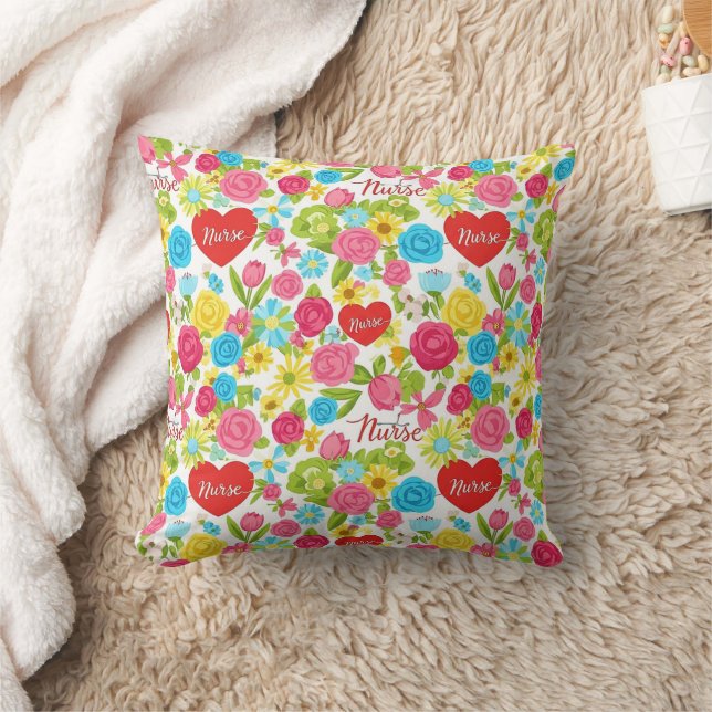 Colourful Nurse Floral Pattern (2) Throw Pillow (Blanket)