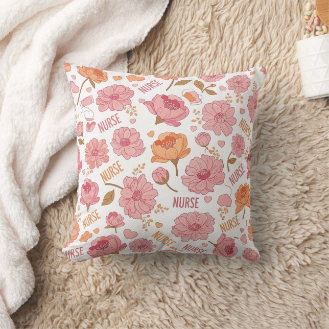 Colourful Nurse Floral Pattern (3) Throw Pillow (Blanket)