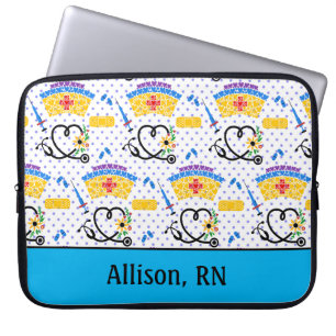 Colourful Nursing Tools on Blue Polka Dots Laptop Sleeve