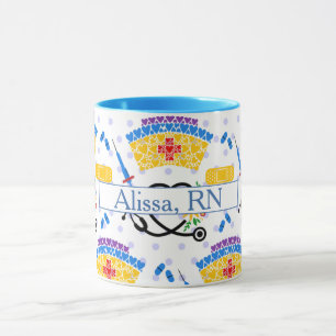 Colourful Nursing Tools on Blue Polka Dots Mug