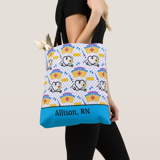 Colourful Nursing Tools on Blue Polka Dots Tote Ba (Close Up)