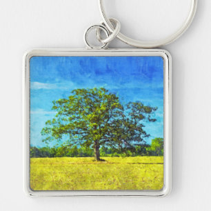 Colourful Oak Tree in a Field Art Keychain
