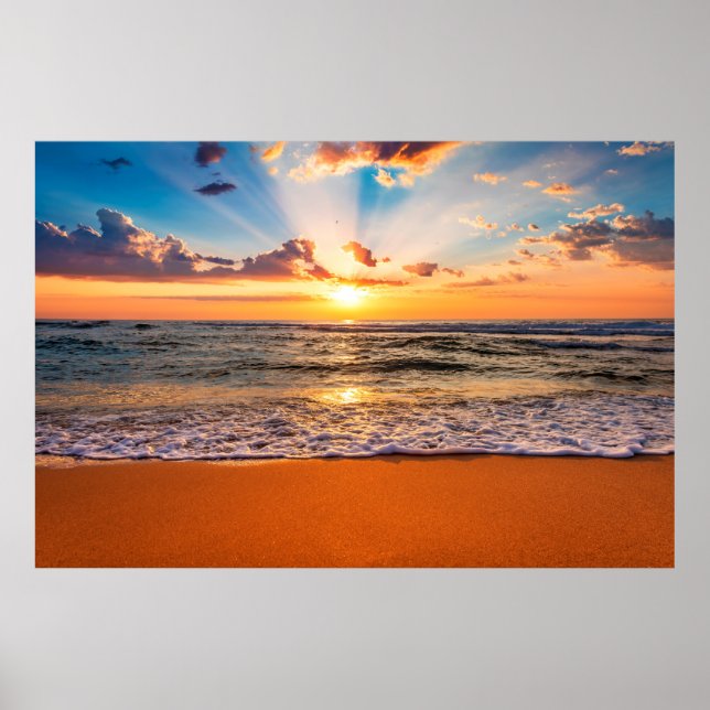 Colourful ocean beach sunrise with deep blue sky a poster (Front)
