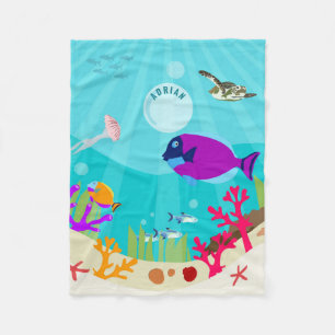 Colourful Ocean Sea Animals Kids Name Fleece Blanket