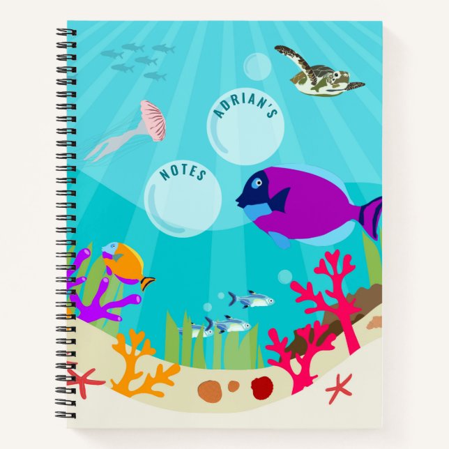 Colourful Ocean Sea Animals Kids Name  Notebook (Front)