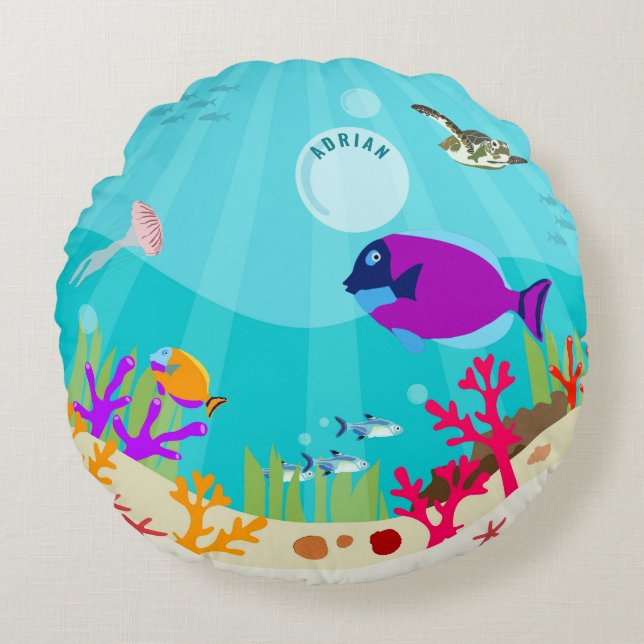 Colourful Ocean Sea Animals Kids Name Round Pillow (Front)