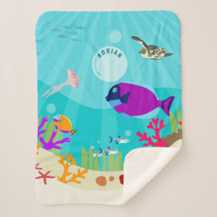 Colourful Ocean Sea Animals Kids Name Sherpa Blanket