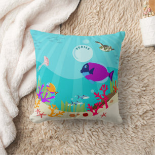 Colourful Ocean Sea Animals Kids Name Throw Pillow