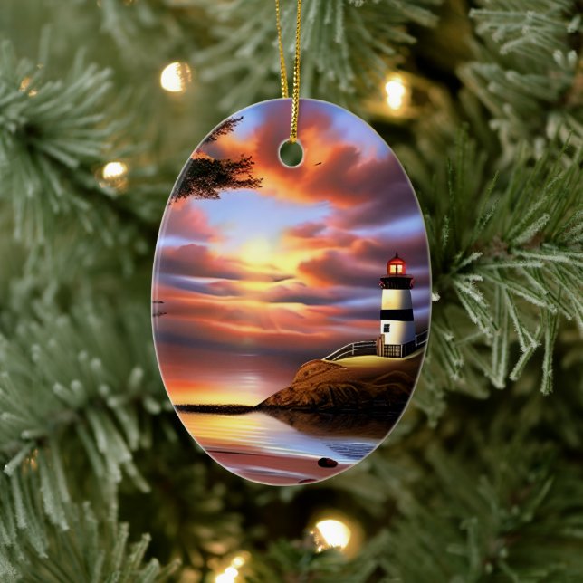 Colourful Ocean Sunset and Lighthouse Personalized Ceramic Ornament (Tree)