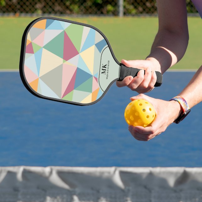 Colourful octagonal geometric background monogram pickleball paddle (Insitu)