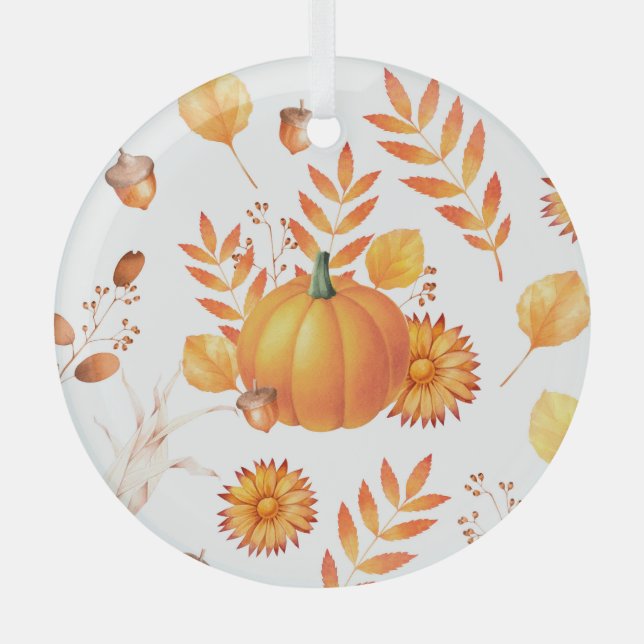 Colourful October Pumpkins Autumn Pattern Glass Ornament (Front)
