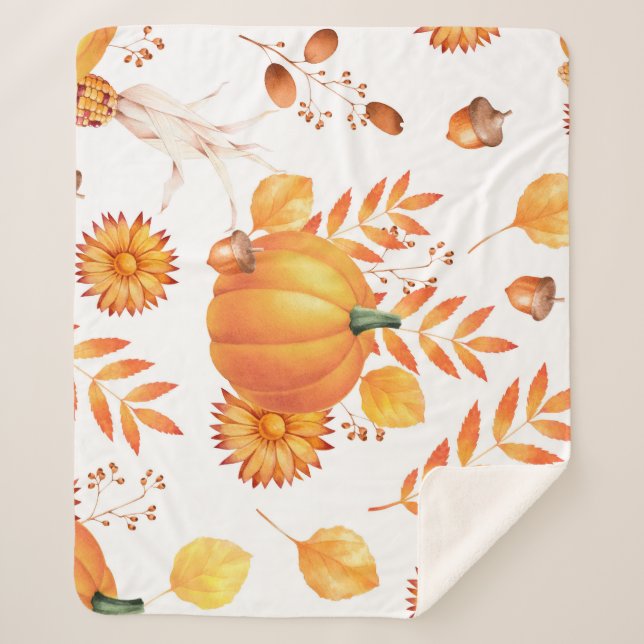 Colourful October Pumpkins Autumn Pattern Sherpa Blanket (Front)