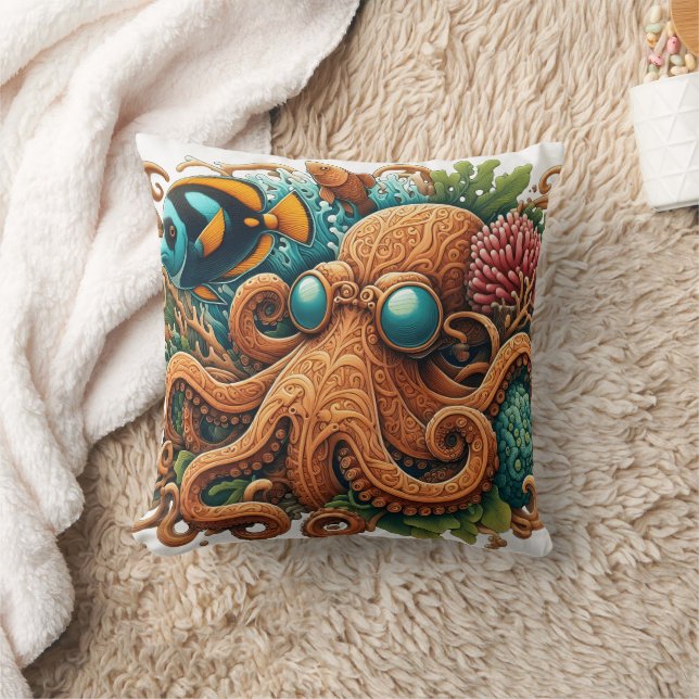 Colourful Octopus Among Coral Reef and Fish Throw Pillow (Blanket)