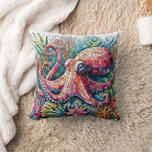 Colourful Octopus Among Coral Reef Throw Pillow (Blanket)