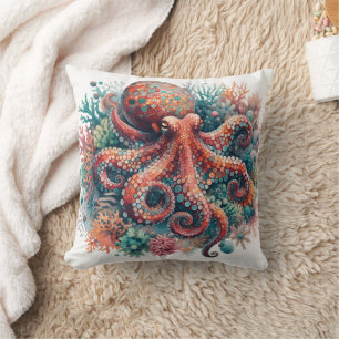 Colourful Octopus Among Vibrant Coral Reef Life Throw Pillow
