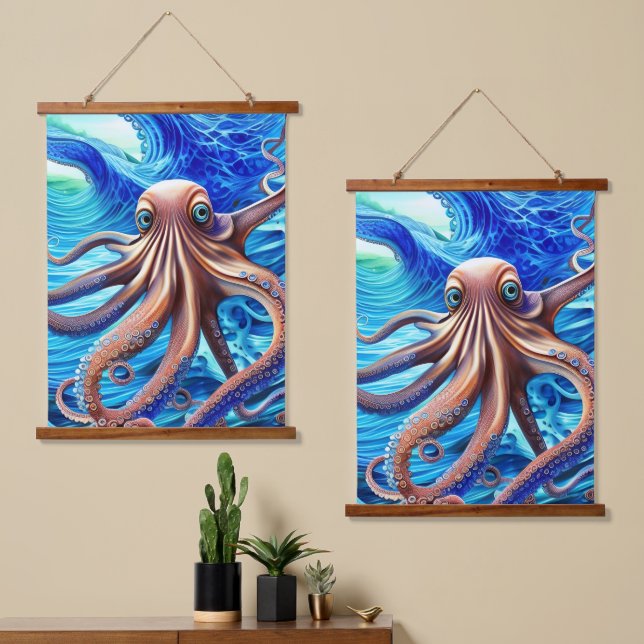 Colourful Octopus Blue Ocean Wave Realism Hanging Tapestry (Asymmetrical)