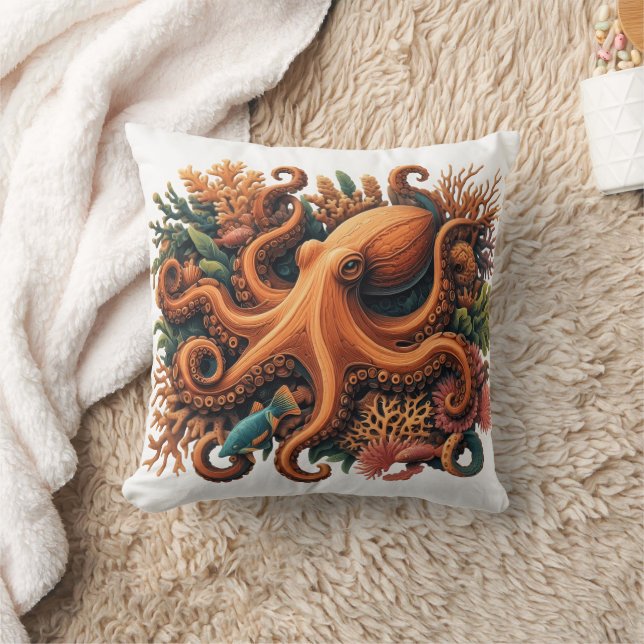 Colourful Octopus Camouflaged Among Coral Reef Throw Pillow (Blanket)