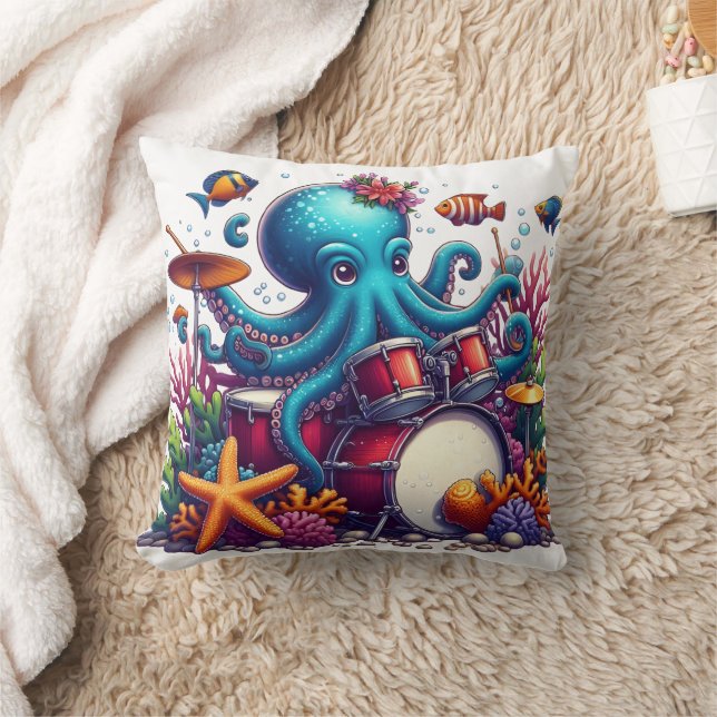Colourful Octopus Drumming Among Coral Reef Throw Pillow (Blanket)