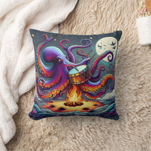 Colourful Octopus Drumming by Moonlit Campfire Throw Pillow