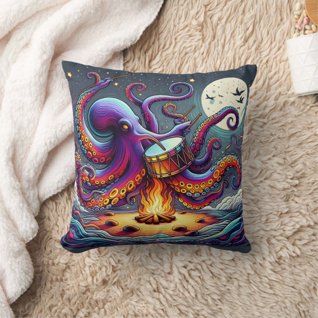 Colourful Octopus Drumming by Moonlit Campfire Throw Pillow (Blanket)