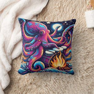 Colourful Octopus Drumming by the Campfire at Nigh Throw Pillow