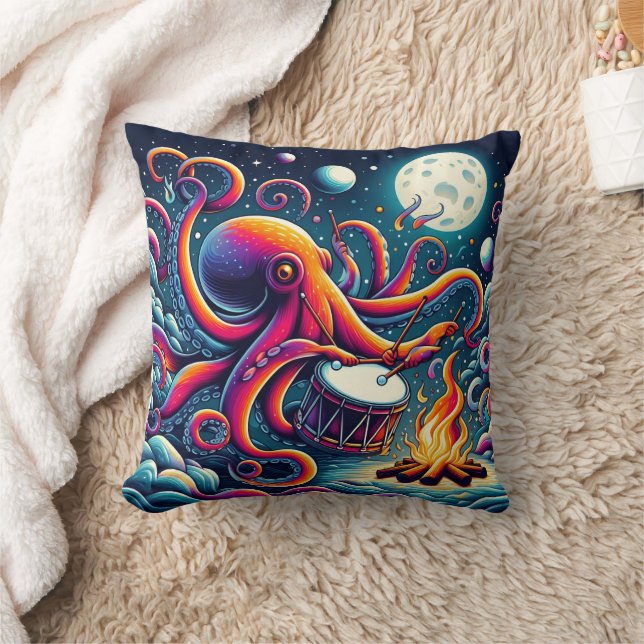Colourful Octopus Drumming By The Moonlit Shore Throw Pillow (Blanket)