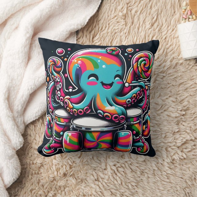 Colourful Octopus Drumming With Lollipops Throw Pillow (Blanket)