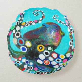 Colourful octopus hand drawn illustration painting round pillow
