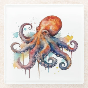 colourful octopus in watercolor big eyes glass coaster