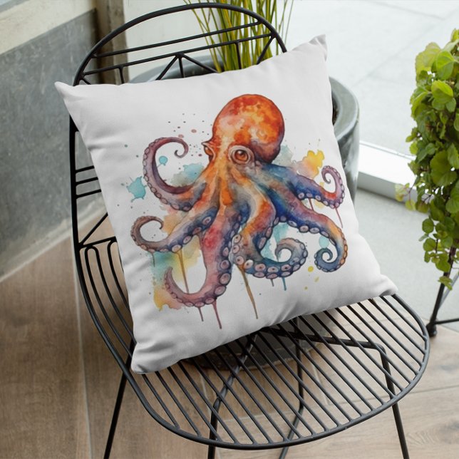 colourful octopus in watercolor  big eyes throw pillow (Creator Uploaded)
