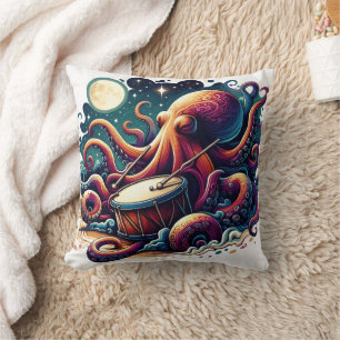 Colourful Octopus Playing Drum Under Moonlight Throw Pillow