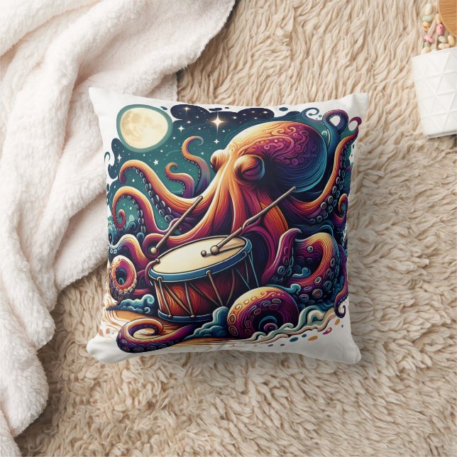 Colourful Octopus Playing Drum Under Moonlight Throw Pillow (Blanket)