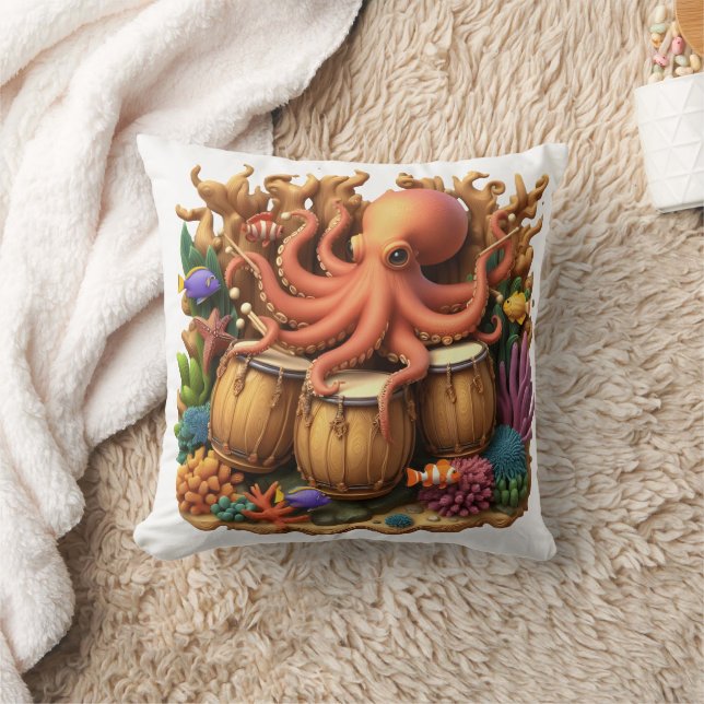 Colourful Octopus Playing Drums Among Coral Reef Throw Pillow (Blanket)