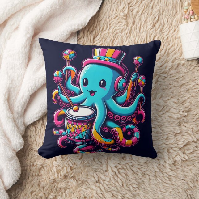 Colourful Octopus Playing Drums at a Fun Fair Throw Pillow (Blanket)