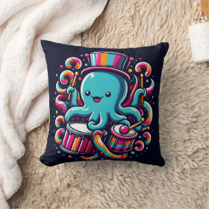Colourful Octopus Playing Drums at Carnival Throw Pillow