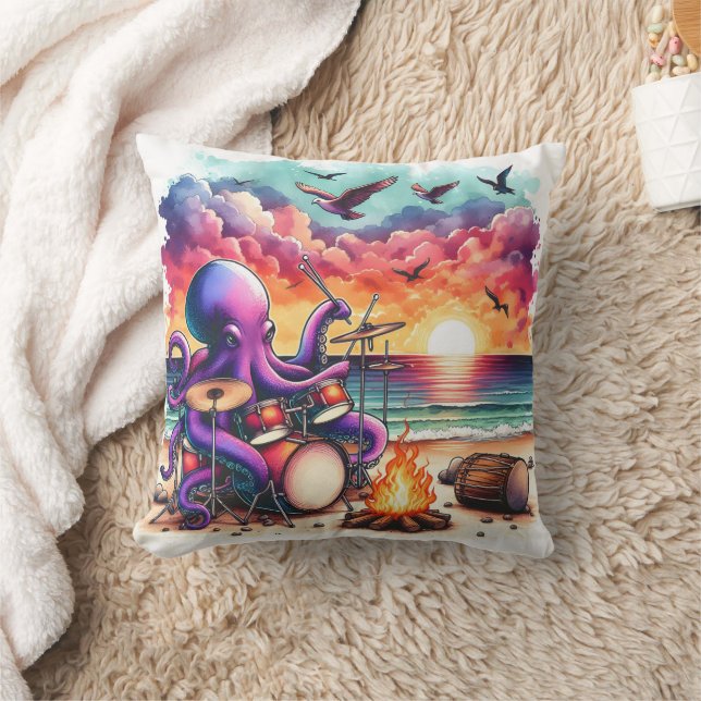 Colourful Octopus Playing Drums at Sunset Beach Throw Pillow (Blanket)