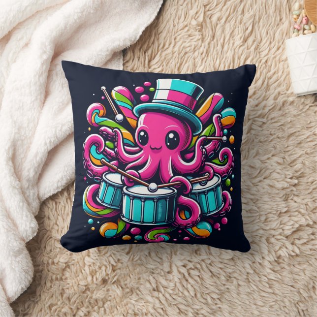 Colourful Octopus Playing Drums in Festive Setting Throw Pillow (Blanket)