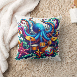 Colourful Octopus Playing Drums in Ocean Waves Throw Pillow
