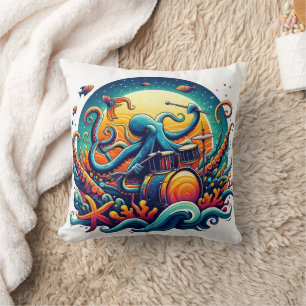 Colourful Octopus Playing Drums Underwater at Nigh Throw Pillow