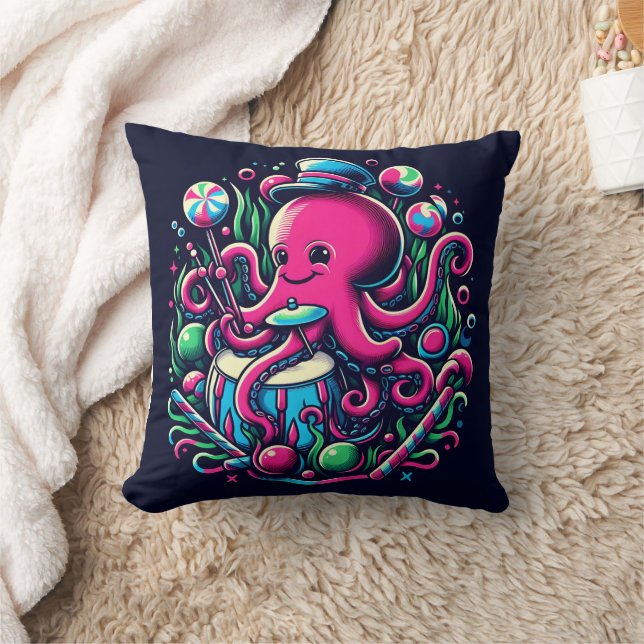 Colourful Octopus Playing Drums With Lollipops Throw Pillow (Blanket)